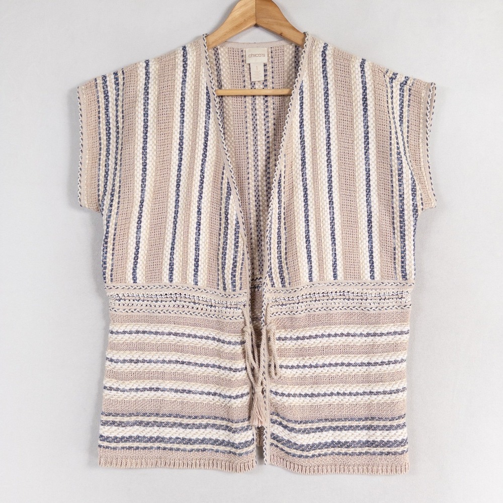 Chicos Sweater 1 US Medium Blue White Beige Stripe Short Sleeve Cardigan Casual